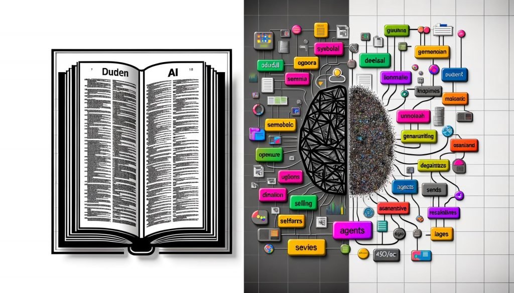 Geteilte Illustration mit Duden-KI-Definition links und bunter KI-Mindmap zu Technik und Regulierung rechts, darüber eine Suchleiste.