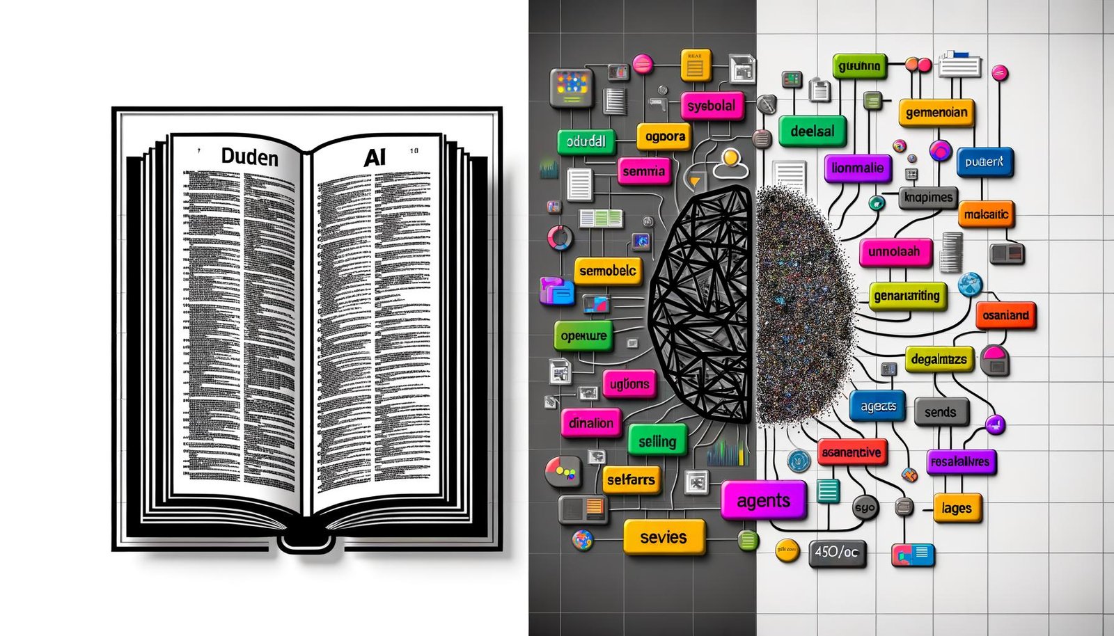 Geteilte Illustration mit Duden-KI-Definition links und bunter KI-Mindmap zu Technik und Regulierung rechts, darüber eine Suchleiste.