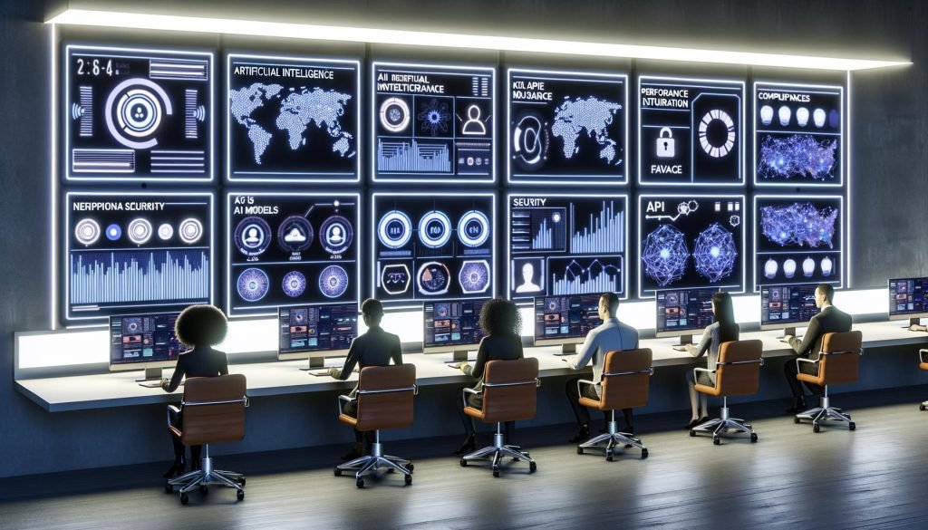 Hightech-Kontrollraum mit mehreren großen Digitaldisplays, die KI-Dashboards, Echtzeit-Latenzkurven und KPI-Metriken zeigen; diverse Fachleute an ergonomischen Arbeitsplätzen; Logos von OpenAI, Anthropic, Google, Meta, Cohere, Stability AI und Midjourney; Wände mit API-Flussdiagrammen sowie Sicherheits- und Compliance-Symbolen.