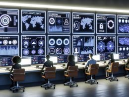 Hightech-Kontrollraum mit mehreren großen Digitaldisplays, die KI-Dashboards, Echtzeit-Latenzkurven und KPI-Metriken zeigen; diverse Fachleute an ergonomischen Arbeitsplätzen; Logos von OpenAI, Anthropic, Google, Meta, Cohere, Stability AI und Midjourney; Wände mit API-Flussdiagrammen sowie Sicherheits- und Compliance-Symbolen.