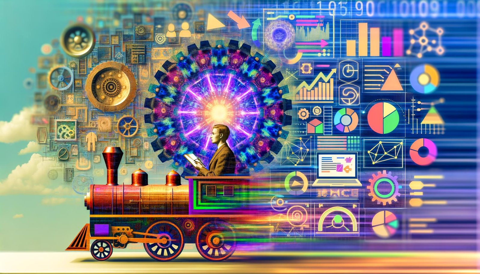 Surreale Tech-Collage: Zeitreise von mythischen Automaten und Alan Turing zu Servern, GPUs, neuronalen Netzen, Marketing-Dashboards und generativer KI.