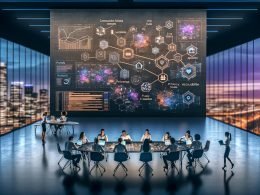 Diverses Team (25–40) arbeitet an einem interaktiven Digitaltisch mit Daten-Dashboards; Großbildschirme zeigen Netzwerkdiagramme, Funnels, Code und Live-KPIs. Subtile Overlays mit neuronalen Verbindungen, Schema-Bäumen und Privacy-Symbolen, beleuchtet in kühlen Blau- und warmen Orangetönen.