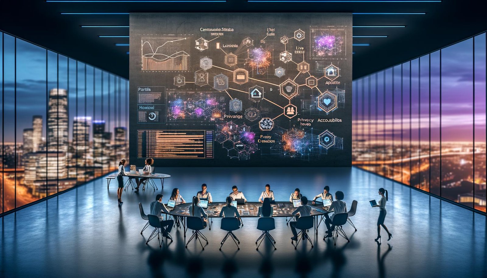 Diverses Team (25–40) arbeitet an einem interaktiven Digitaltisch mit Daten-Dashboards; Großbildschirme zeigen Netzwerkdiagramme, Funnels, Code und Live-KPIs. Subtile Overlays mit neuronalen Verbindungen, Schema-Bäumen und Privacy-Symbolen, beleuchtet in kühlen Blau- und warmen Orangetönen.