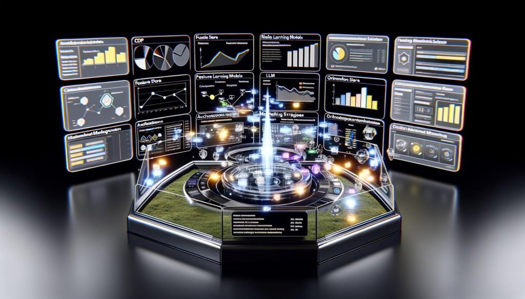 Futuristisches Marketing-Kontrollzentrum mit schwebenden transparenten 3D-Screens, die vernetzte Charts, ML-Modelle, Kampagnen-Flows und Live-KPIs zeigen; Datenströme verbinden CDP, Feature Store, LLM, Orchestration und Activation; Signale aus Ads, E‑Mails und Website fließen in eine zentrale Oberfläche.