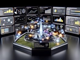 Futuristisches Marketing-Kontrollzentrum mit schwebenden transparenten 3D-Screens, die vernetzte Charts, ML-Modelle, Kampagnen-Flows und Live-KPIs zeigen; Datenströme verbinden CDP, Feature Store, LLM, Orchestration und Activation; Signale aus Ads, E‑Mails und Website fließen in eine zentrale Oberfläche.