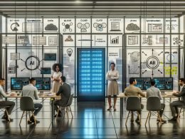 Realistisches, belebtes Büro mit einem diversen Team aus Data Scientists, Produktmanagern und Ingenieur:innen vor großen Screens mit Dashboards, Datenpipelines und KI‑Architekturen; zentral leuchtender Serverrack, Netzwerkkabel, Cloud‑ und Edge‑Symbole; Checklisten, KPI‑Grafiken und Rechtsdokumente als Governance‑Hinweise; Glaswände mit Kolleg:innen und Strategie‑Post‑its – Fokus auf Disziplin, Planung und robuste Infrastruktur statt Hype.