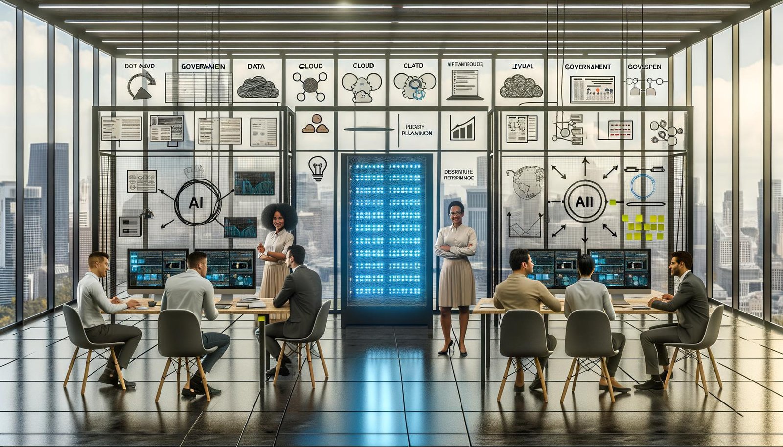 Realistisches, belebtes Büro mit einem diversen Team aus Data Scientists, Produktmanagern und Ingenieur:innen vor großen Screens mit Dashboards, Datenpipelines und KI‑Architekturen; zentral leuchtender Serverrack, Netzwerkkabel, Cloud‑ und Edge‑Symbole; Checklisten, KPI‑Grafiken und Rechtsdokumente als Governance‑Hinweise; Glaswände mit Kolleg:innen und Strategie‑Post‑its – Fokus auf Disziplin, Planung und robuste Infrastruktur statt Hype.