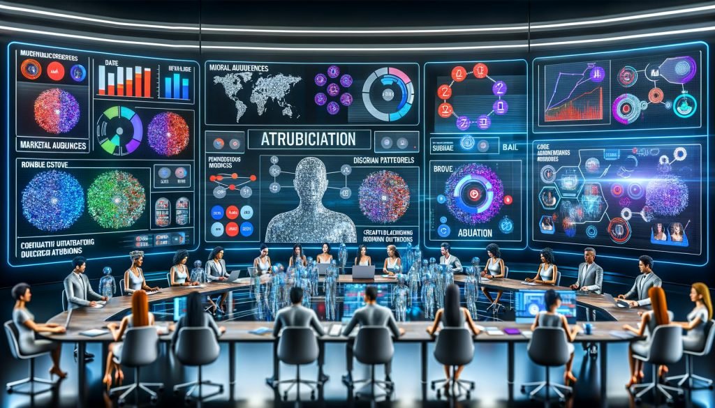 Futuristischer Marketing-Kontrollraum mit transparenten Displays, auf denen bunte Diagramme, Zielgruppen-Cluster, KI-Modelle (Neurale Netze, Diffusionsmuster) und Kampagnenmetriken in Echtzeit laufen; Marketer arbeiten neben humanoiden Robotern; Datenpipeline von Web, CRM und Mobile in einen leuchtenden KI-Kern; kreative Iterationen von Anzeigenvisuals, personalisierten Headlines und Attributionsmodellen; Hologramme mit MLOps, Attribution, Predictive Analytics und Personalization.