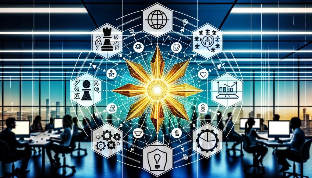 Moderne Business-Szene mit heptagonalem 7-Intelligenzen-Kern (Strategie, Daten, Kunden, Kreativität, Technologie, Führung, Ethik), abstrakten Icons; diverse Teams an Dashboards und Kreativtafeln; Symbole für Messung, Experimente, Automatisierung und Compliance in kühlen Blau- und Akzentfarben.