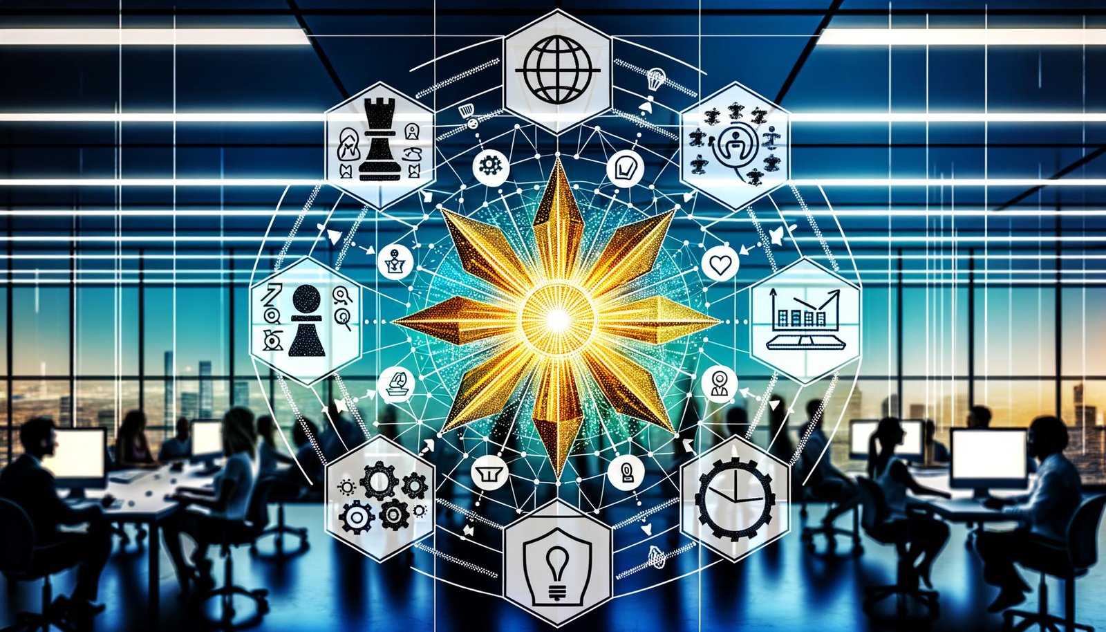 Moderne Business-Szene mit heptagonalem 7-Intelligenzen-Kern (Strategie, Daten, Kunden, Kreativität, Technologie, Führung, Ethik), abstrakten Icons; diverse Teams an Dashboards und Kreativtafeln; Symbole für Messung, Experimente, Automatisierung und Compliance in kühlen Blau- und Akzentfarben.