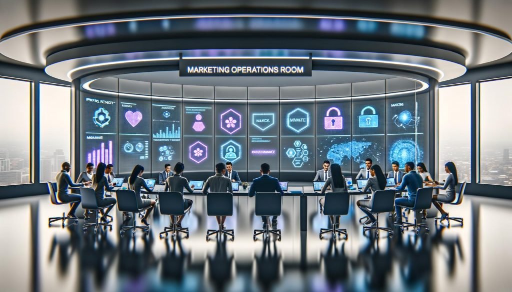 Futuristischer Marketing-Operationsraum mit Glaswänden, großen Datenbildschirmen und zentralem Hightech-Tisch; Marketer und Data Scientists in Businesskleidung und Hoodies an Laptops und Tablets. Holografische Visualisierungen zeigen KI-Workflows: Echtzeit-Personalisierung, Customer-Journey-Maps, Multi-Armed-Bandit-Tests, Datenpipelines und KI-Agenten zur Kampagnensteuerung. Privacy-, Security- und Governance-Symbole signalisieren Kontrolle und Compliance; fokussierte, geschäftsgetriebene Atmosphäre.