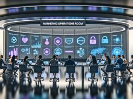 Futuristischer Marketing-Operationsraum mit Glaswänden, großen Datenbildschirmen und zentralem Hightech-Tisch; Marketer und Data Scientists in Businesskleidung und Hoodies an Laptops und Tablets. Holografische Visualisierungen zeigen KI-Workflows: Echtzeit-Personalisierung, Customer-Journey-Maps, Multi-Armed-Bandit-Tests, Datenpipelines und KI-Agenten zur Kampagnensteuerung. Privacy-, Security- und Governance-Symbole signalisieren Kontrolle und Compliance; fokussierte, geschäftsgetriebene Atmosphäre.