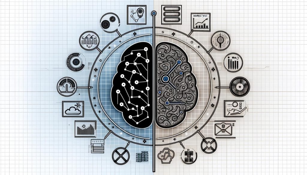 Moderne Illustration der KI-Dualität: geometrisches Gehirn, das in Schaltkreise übergeht; Icons für Datenströme, neuronale Netze, Cloud und KPIs.