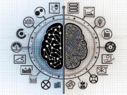 Moderne Illustration der KI-Dualität: geometrisches Gehirn, das in Schaltkreise übergeht; Icons für Datenströme, neuronale Netze, Cloud und KPIs.