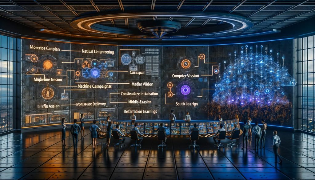 Futuristischer Kontrollraum mit holografischen Dashboards: Ingenieur:innen steuern Datenpipelines, ML-Modelle und CI/CD; Marketer:innen sehen personalisierte Kampagnen und Echtzeit-Attribution. Digitale Wand mit Icons zu NLP, Computer Vision, Generative KI, Zeitreihen, Reinforcement Learning und MLOps; blau-orange Beleuchtung.
