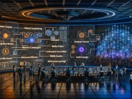 Futuristischer Kontrollraum mit holografischen Dashboards: Ingenieur:innen steuern Datenpipelines, ML-Modelle und CI/CD; Marketer:innen sehen personalisierte Kampagnen und Echtzeit-Attribution. Digitale Wand mit Icons zu NLP, Computer Vision, Generative KI, Zeitreihen, Reinforcement Learning und MLOps; blau-orange Beleuchtung.