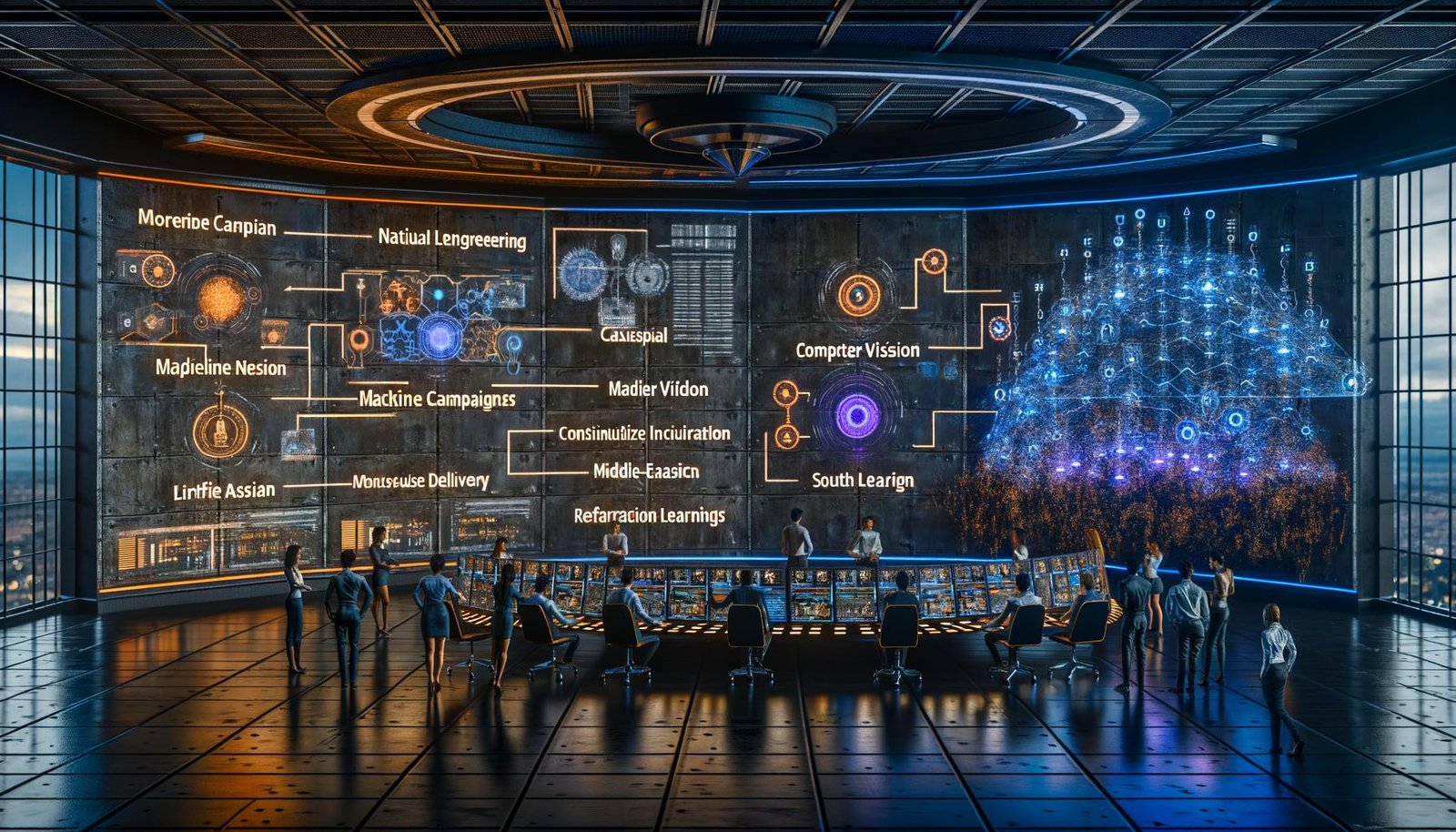 Futuristischer Kontrollraum mit holografischen Dashboards: Ingenieur:innen steuern Datenpipelines, ML-Modelle und CI/CD; Marketer:innen sehen personalisierte Kampagnen und Echtzeit-Attribution. Digitale Wand mit Icons zu NLP, Computer Vision, Generative KI, Zeitreihen, Reinforcement Learning und MLOps; blau-orange Beleuchtung.
