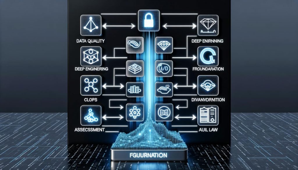 Vertikales KI-Stack-Diagramm: Basis aus Datenqualität und Data Engineering; darüber ML, Deep Learning, Foundation Models (Transformer, Diffusion), Workflows/MLOps mit Evaluation, CI/CD und Monitoring; oben Governance mit EU‑AI‑Act; dezente Logos von PyTorch, FAISS und MLflow.