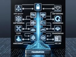 Vertikales KI-Stack-Diagramm: Basis aus Datenqualität und Data Engineering; darüber ML, Deep Learning, Foundation Models (Transformer, Diffusion), Workflows/MLOps mit Evaluation, CI/CD und Monitoring; oben Governance mit EU‑AI‑Act; dezente Logos von PyTorch, FAISS und MLflow.