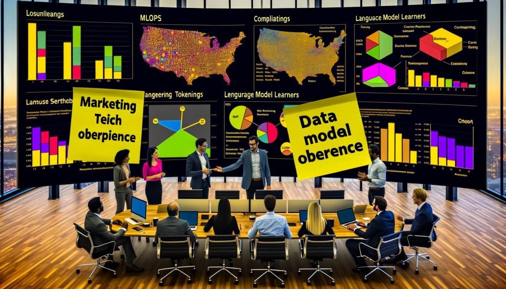 Zwei Teams aus Marketing und Engineering arbeiten in einem modernen Büro vor KPI-Dashboards mit KI-Grafiken; in der Mitte ein Touchscreen mit der Anatomie der KI (neuronales Netz, Tokens, LLMs, Embeddings als 3D-Vektorcluster). Post-its zu MLOps, Data Governance, Compliance und Consent; DSGVO-Dokumente, Datenschutz-Schild und abgeschlossene Server; 90‑Tage‑Plan von PoC bis Produktion.