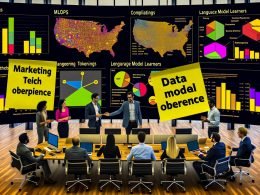 Zwei Teams aus Marketing und Engineering arbeiten in einem modernen Büro vor KPI-Dashboards mit KI-Grafiken; in der Mitte ein Touchscreen mit der Anatomie der KI (neuronales Netz, Tokens, LLMs, Embeddings als 3D-Vektorcluster). Post-its zu MLOps, Data Governance, Compliance und Consent; DSGVO-Dokumente, Datenschutz-Schild und abgeschlossene Server; 90‑Tage‑Plan von PoC bis Produktion.