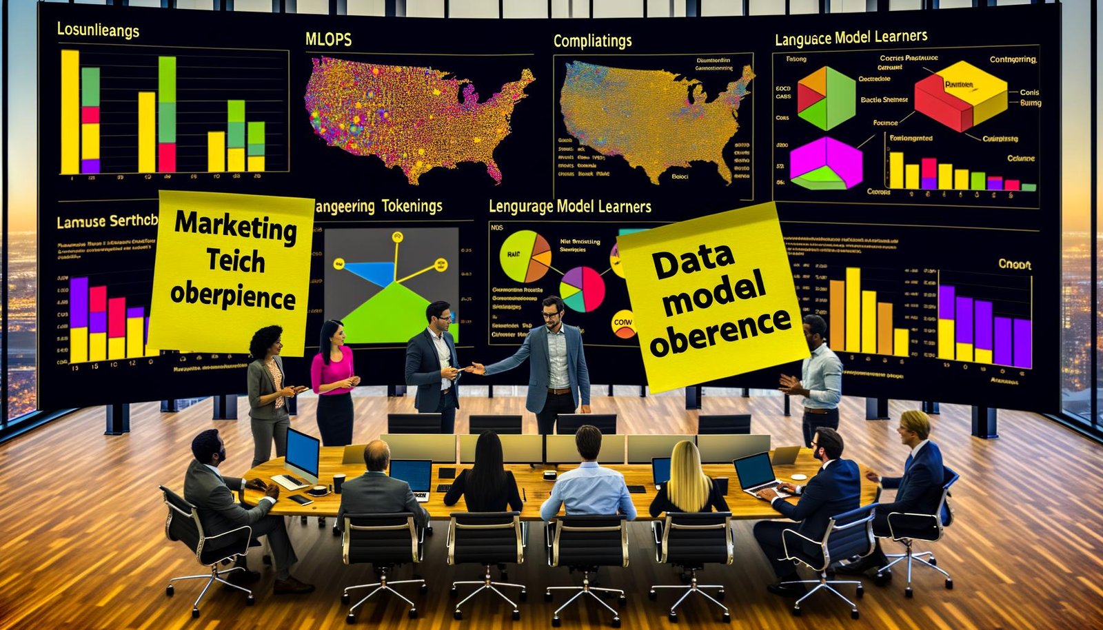 Zwei Teams aus Marketing und Engineering arbeiten in einem modernen Büro vor KPI-Dashboards mit KI-Grafiken; in der Mitte ein Touchscreen mit der Anatomie der KI (neuronales Netz, Tokens, LLMs, Embeddings als 3D-Vektorcluster). Post-its zu MLOps, Data Governance, Compliance und Consent; DSGVO-Dokumente, Datenschutz-Schild und abgeschlossene Server; 90‑Tage‑Plan von PoC bis Produktion.