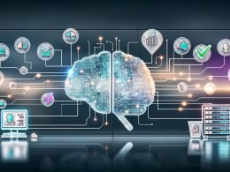 Magazinartige Collage: halbtransparentes KI-Gehirn aus Platinen, vernetzte Datenströme, Server und Monitor mit KPIs, Conversion- und A/B-Test-Charts; Marketing-Icons (E-Mail, SEO-Pfeil, Megafon) mit grünen Häkchen und roten Alarmzeichen; im Hintergrund Chatbots, Compliance-Schild und Datenpipeline.