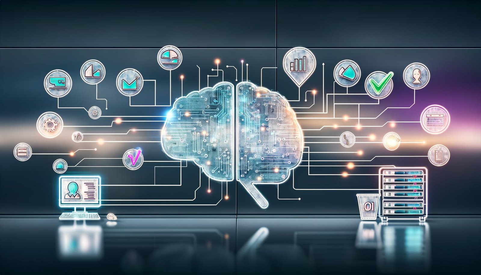 Magazinartige Collage: halbtransparentes KI-Gehirn aus Platinen, vernetzte Datenströme, Server und Monitor mit KPIs, Conversion- und A/B-Test-Charts; Marketing-Icons (E-Mail, SEO-Pfeil, Megafon) mit grünen Häkchen und roten Alarmzeichen; im Hintergrund Chatbots, Compliance-Schild und Datenpipeline.