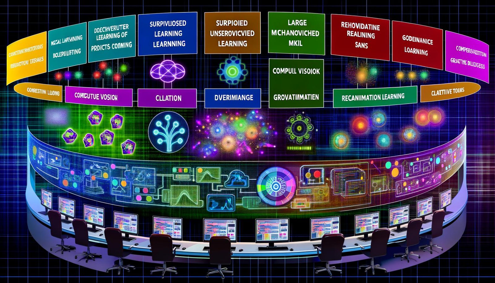 Ultramoderne, kontrastreiche Illustration eines Marketing-Operations-Schreibtischs mit Segmenten für ML (überwacht/unüberwacht), NLP/LLMs, Computer Vision, Generative KI, Reinforcement Learning, MLOps/Datenpipelines und Governance mit Schild, Schlössern und Checklisten.