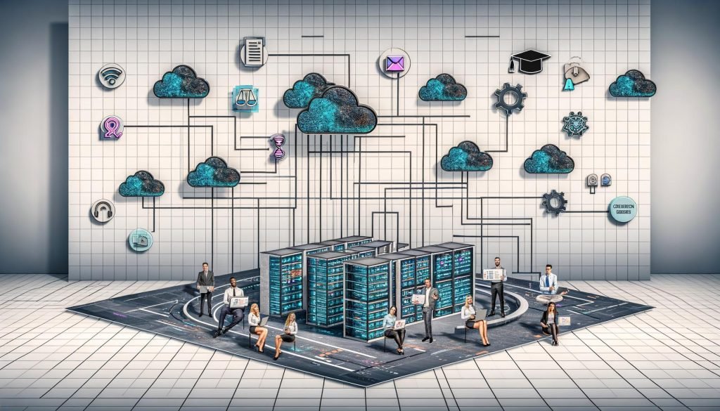 Moderne Szene: Ingenieurinnen, Politiker und Juristinnen arbeiten gemeinsam an Tablets und Laptops mit Code, Checklisten und Datendiagrammen; zentrales, halbtransparentes Architekturmodell aus Serverracks, Hochgeschwindigkeitskabeln und energieeffizientem, sicherem Rechenzentrum, umgeben von digitalen Wolken für Cloud‑Souveränität und offene Datenräume; darüber Symbole für Netzstandards, EU AI Act und Privacy‑Enhancing Technologies; im Hintergrund Regierungsgebäude, Windräder und Kühlanlagen; Hinweise auf Talentförderung, Chips, Open‑Source und standardisierte MLOps; ausgerollte Roadmap markiert den Schritt von Theorie zu auditierter Produktion.