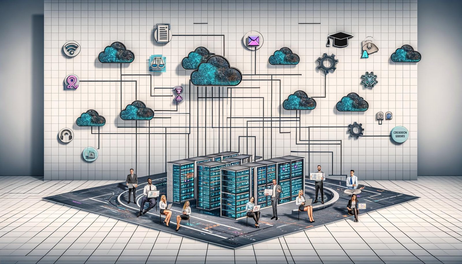 Moderne Szene: Ingenieurinnen, Politiker und Juristinnen arbeiten gemeinsam an Tablets und Laptops mit Code, Checklisten und Datendiagrammen; zentrales, halbtransparentes Architekturmodell aus Serverracks, Hochgeschwindigkeitskabeln und energieeffizientem, sicherem Rechenzentrum, umgeben von digitalen Wolken für Cloud‑Souveränität und offene Datenräume; darüber Symbole für Netzstandards, EU AI Act und Privacy‑Enhancing Technologies; im Hintergrund Regierungsgebäude, Windräder und Kühlanlagen; Hinweise auf Talentförderung, Chips, Open‑Source und standardisierte MLOps; ausgerollte Roadmap markiert den Schritt von Theorie zu auditierter Produktion.