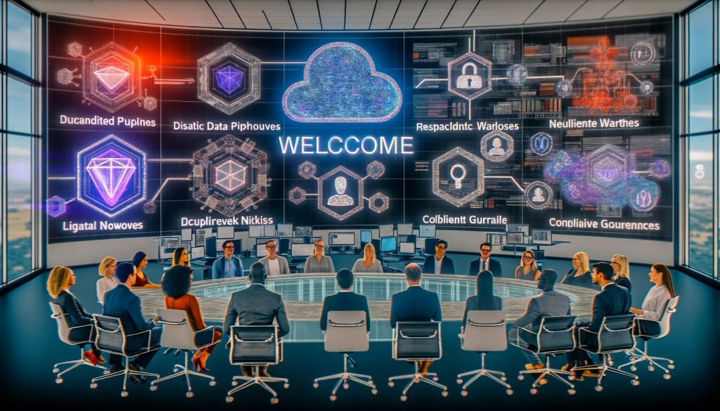 Modernes Büro mit vielfältigem Marketingteam vor großen Dashboards und holografischen Interfaces; sichtbare KI-Infrastruktur mit transparenten Datenpipelines, leuchtenden Data-Warehouses und neuronalen Netzknoten; Warnsymbol für Bias, Schattenfiguren für Datenlecks und digitale Guardrails.