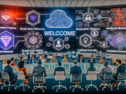 Modernes Büro mit vielfältigem Marketingteam vor großen Dashboards und holografischen Interfaces; sichtbare KI-Infrastruktur mit transparenten Datenpipelines, leuchtenden Data-Warehouses und neuronalen Netzknoten; Warnsymbol für Bias, Schattenfiguren für Datenlecks und digitale Guardrails.