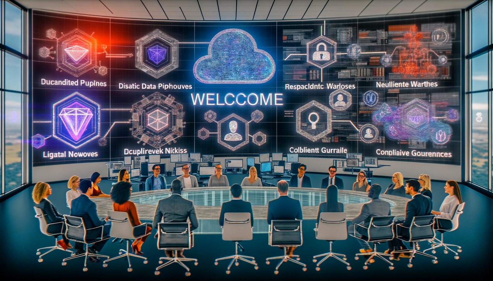 Modernes Büro mit vielfältigem Marketingteam vor großen Dashboards und holografischen Interfaces; sichtbare KI-Infrastruktur mit transparenten Datenpipelines, leuchtenden Data-Warehouses und neuronalen Netzknoten; Warnsymbol für Bias, Schattenfiguren für Datenlecks und digitale Guardrails.