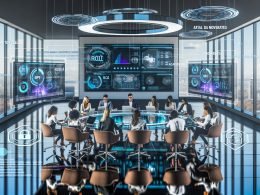 Marketingteam am Glastisch mit Laptops vor ROI‑ und KI‑Dashboards; Roboterarme erzeugen personalisierte Anzeigen; Verschlüsselung und Legal‑Team sichern Datenschutz.