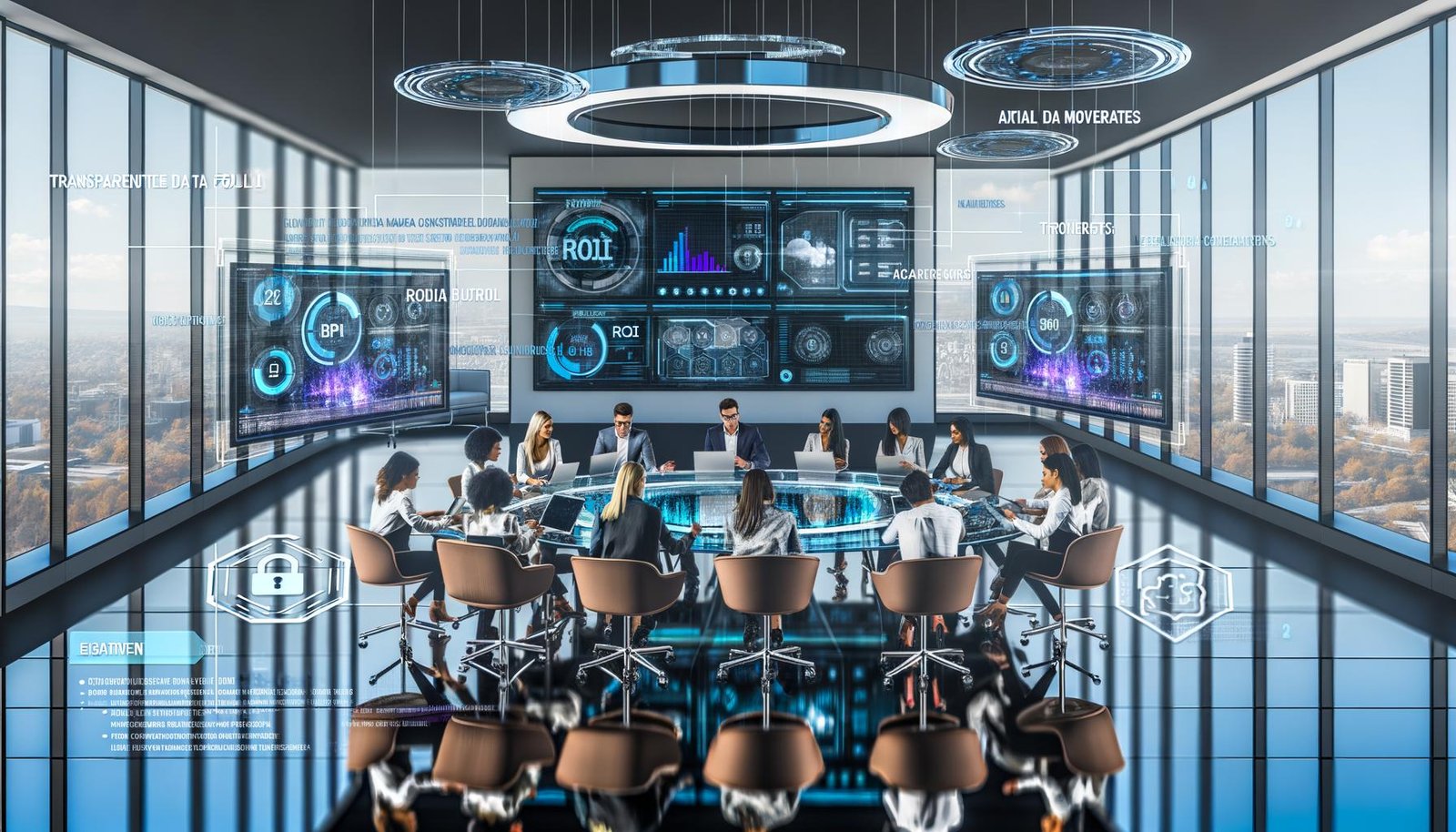 Marketingteam am Glastisch mit Laptops vor ROI‑ und KI‑Dashboards; Roboterarme erzeugen personalisierte Anzeigen; Verschlüsselung und Legal‑Team sichern Datenschutz.