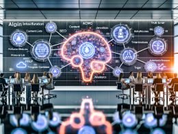 Moderner, dynamischer Arbeitsplatz mit Marketing- und Datenprofis vor Bildschirmen mit KI-Dashboards, Charts und Modell-Visualisierungen; digitales Brain-Overlay zeigt vernetzte Datenflüsse zwischen Content, SEO, Ads, CRM und Analytics, inklusive Guardrails und Compliance.