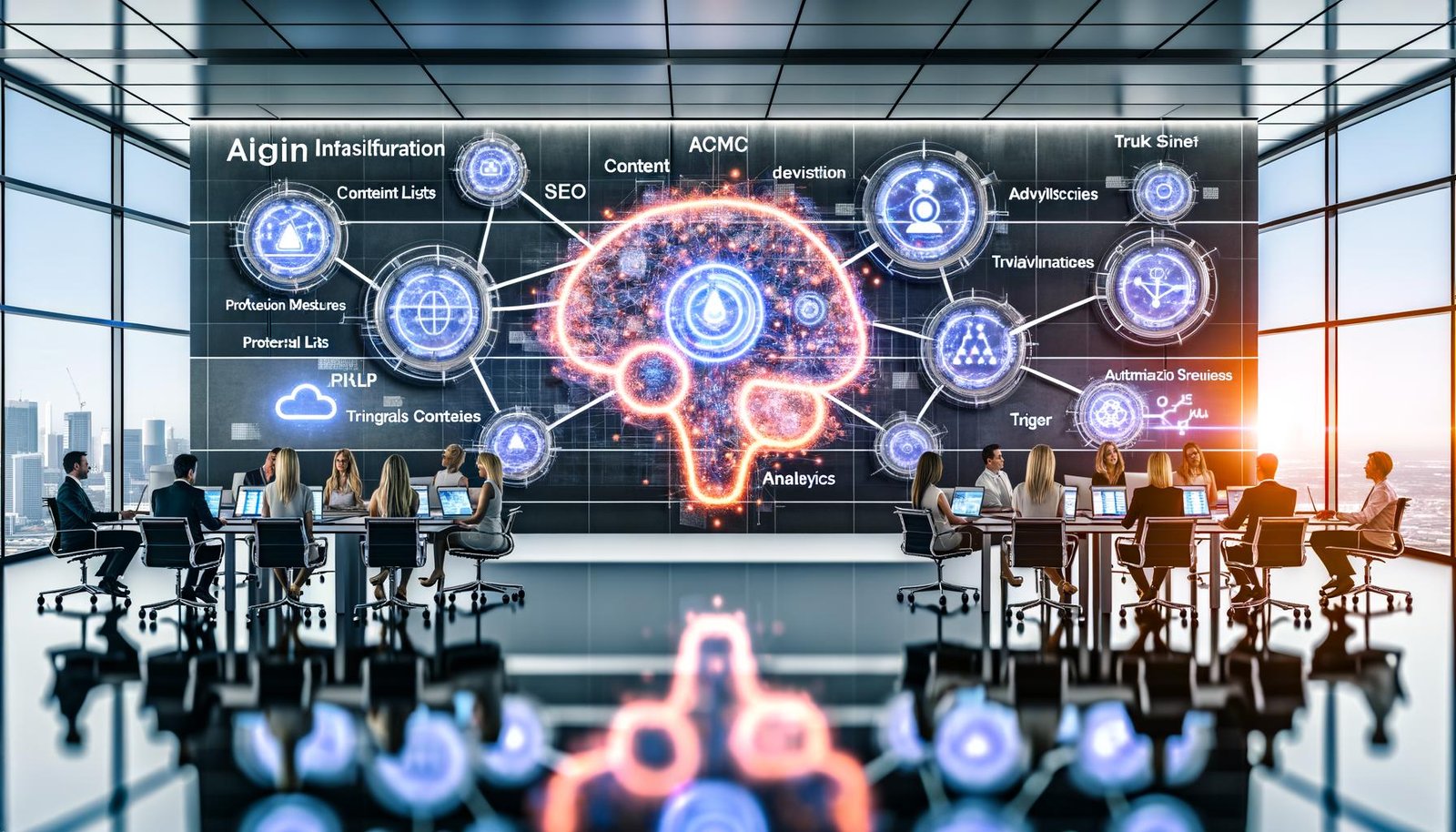 Moderner, dynamischer Arbeitsplatz mit Marketing- und Datenprofis vor Bildschirmen mit KI-Dashboards, Charts und Modell-Visualisierungen; digitales Brain-Overlay zeigt vernetzte Datenflüsse zwischen Content, SEO, Ads, CRM und Analytics, inklusive Guardrails und Compliance.