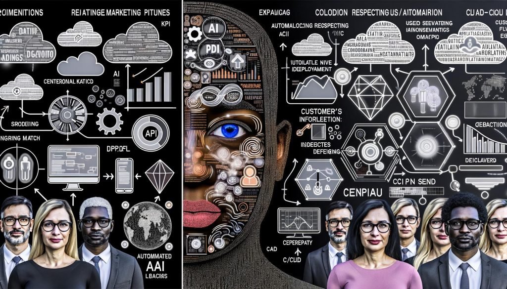 Split‑Screen: links Datenpipelines und KPI‑Dashboards in Echtzeit; rechts generative KI für Content/UX, Embeddings, Teamkollaboration und CI/CD; im Hintergrund Security, Cloud sowie GDPR/AI‑Act‑Compliance, Personalisierung und multimodale Edge‑Anwendungen 2025–2030.