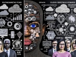 Split‑Screen: links Datenpipelines und KPI‑Dashboards in Echtzeit; rechts generative KI für Content/UX, Embeddings, Teamkollaboration und CI/CD; im Hintergrund Security, Cloud sowie GDPR/AI‑Act‑Compliance, Personalisierung und multimodale Edge‑Anwendungen 2025–2030.