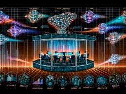 Redaktionelle Illustration eines futuristischen KI-Kontrollraums: diverses Team vor KPI-Dashboards; Datenströme, Neuralnetze, Guardrails & Compliance; Icons von Pinecone, LlamaIndex und Airflow.