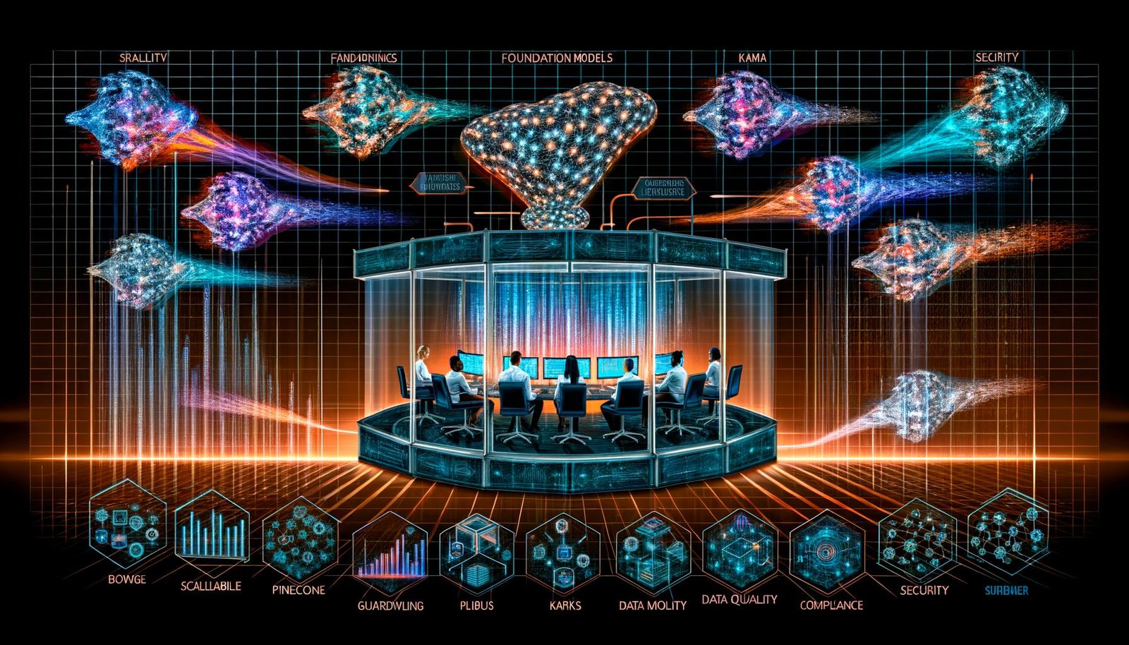 Redaktionelle Illustration eines futuristischen KI-Kontrollraums: diverses Team vor KPI-Dashboards; Datenströme, Neuralnetze, Guardrails & Compliance; Icons von Pinecone, LlamaIndex und Airflow.