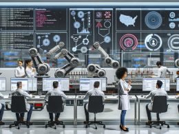 Modernes Industrie‑KI‑Labor mit Ingenieuren in weißen Kitteln an Workstations; Serverracks, Code, Workflow‑Orchestrierungen, MLOps‑Dashboards und Modelle digitaler Zwillinge. Im Hintergrund analysiert ein Roboterarm Produktteile auf einem Förderband, Sensoren zeigen Echtzeit‑Telemetrie und Benchmark‑Metriken. Subtile Open‑Source‑Logos und Compliance‑Dokumente unterstreichen Robustheit und Transparenz.