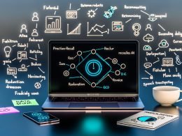 Modernes, minimalistisches KI‑Workspace mit Laptop, der Precision‑Recall‑ und ROC‑Kurven, F1‑Anzeige sowie Modelle (Entscheidungsbaum, logistische Regression, Transformer) zeigt; Smartphone mit Edge‑AI‑Apps; Datenschutz‑Icons; Tablet‑Checkliste zu Feature Engineering, Deployment und Monitoring; Notizzettel zu Spamfilter, Produktempfehlungen und Routenplanung.