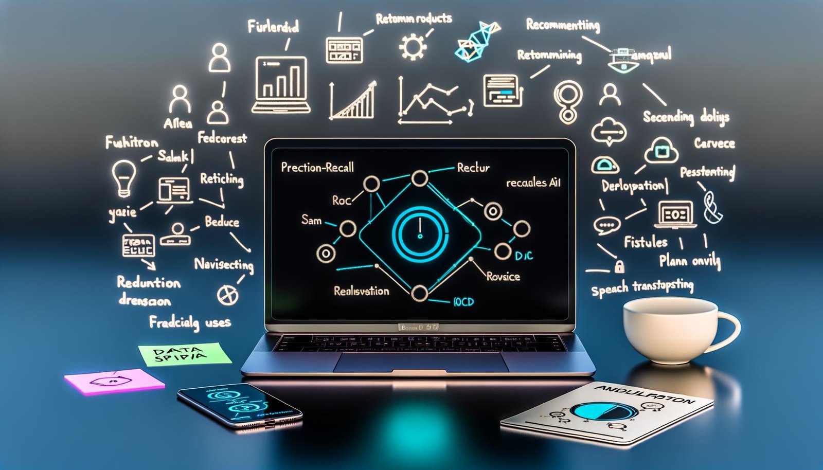 Modernes, minimalistisches KI‑Workspace mit Laptop, der Precision‑Recall‑ und ROC‑Kurven, F1‑Anzeige sowie Modelle (Entscheidungsbaum, logistische Regression, Transformer) zeigt; Smartphone mit Edge‑AI‑Apps; Datenschutz‑Icons; Tablet‑Checkliste zu Feature Engineering, Deployment und Monitoring; Notizzettel zu Spamfilter, Produktempfehlungen und Routenplanung.