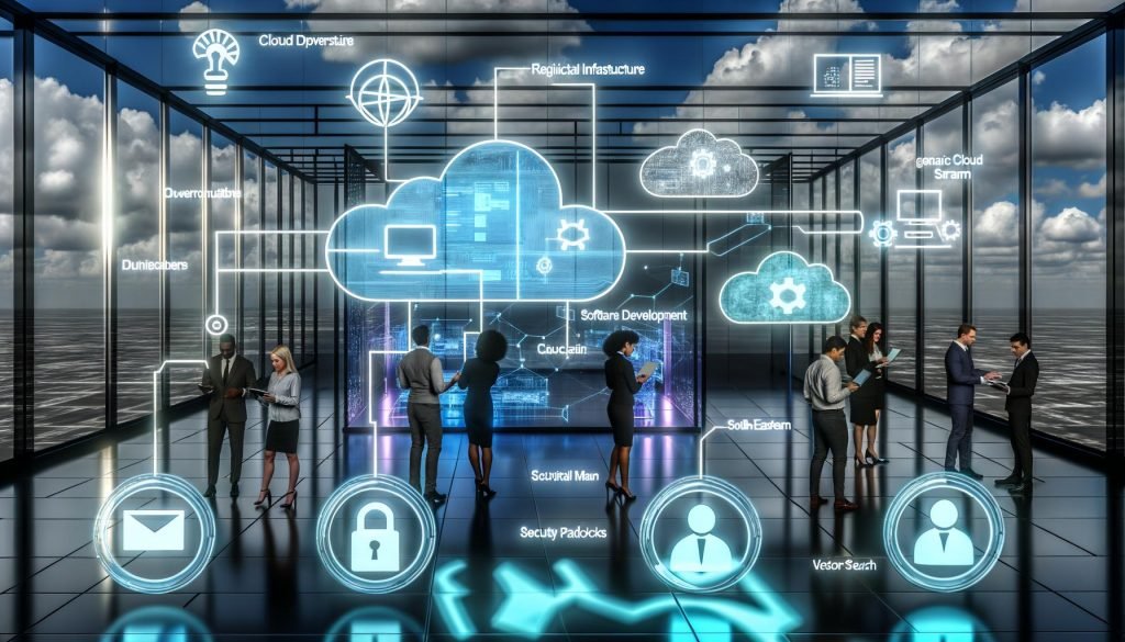 Diverse Fachkräfte bedienen holografische Microsoft-Azure-Interfaces, vernetzt mit Copilot, GitHub, Office 365 und Dynamics 365; Compliance, Sicherheit, SLM/LLM und Vektorsuche in einer futuristischen Büroumgebung.