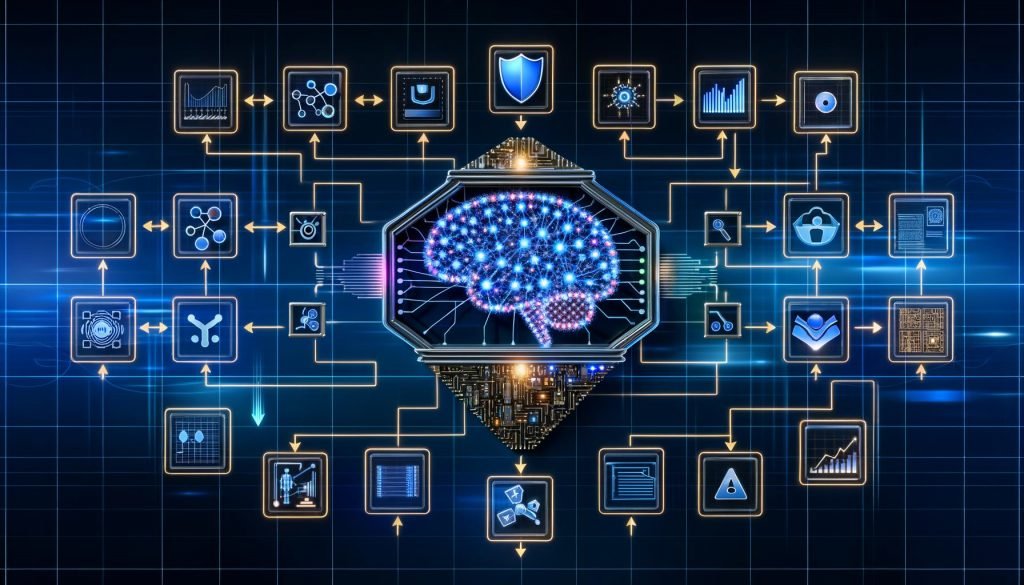 Technische Illustration einer End‑to‑End‑KI‑Architektur mit Schaltkreis‑Gehirn, Datenlake, Feature‑Vektoren, Deep‑Learning/Transformer‑Modellen, Inferenz‑Pfeilen, Metriken, DSGVO/Urheberrecht, Kosten, Guardrails und RAG‑Workflow.