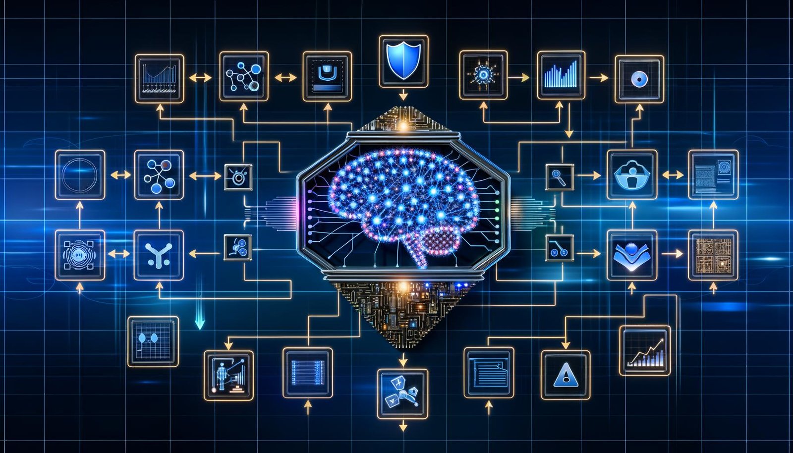Technische Illustration einer End‑to‑End‑KI‑Architektur mit Schaltkreis‑Gehirn, Datenlake, Feature‑Vektoren, Deep‑Learning/Transformer‑Modellen, Inferenz‑Pfeilen, Metriken, DSGVO/Urheberrecht, Kosten, Guardrails und RAG‑Workflow.