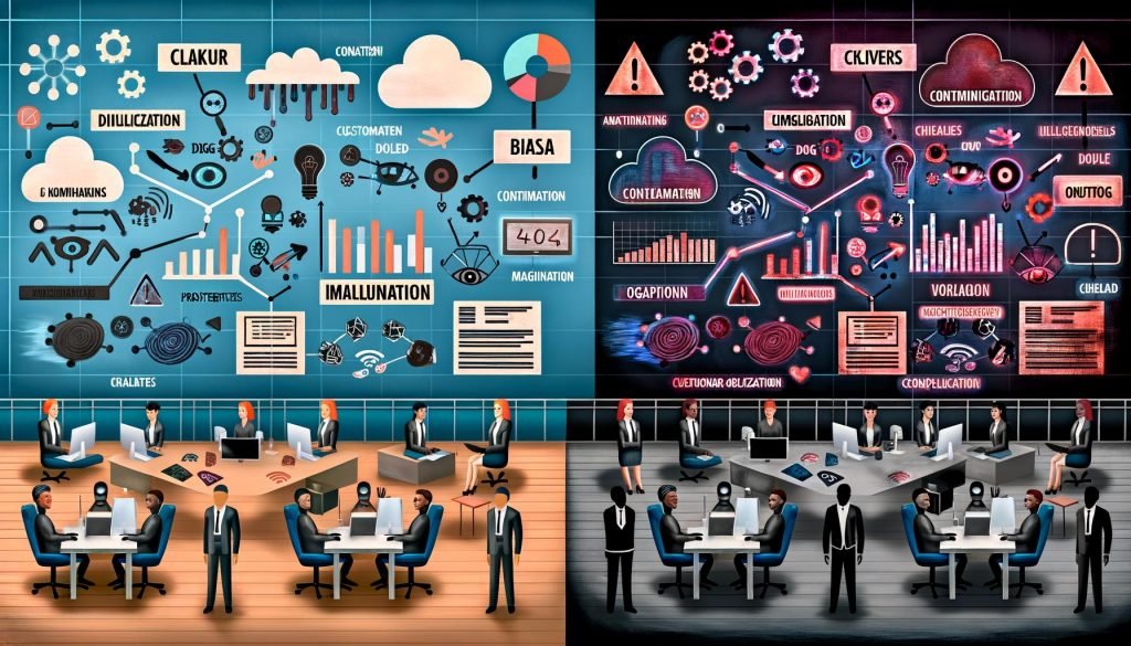 Geteiltes Bild: links ein lebendiges Büro mit diversen Profis, Daten-Dashboards und KI-Tools für Content, Keywords und Automatisierung; rechts ein dunkles Chaos mit Kabelsalat, Fehlermeldungen, „DSGVO“, „Bias“, „Compliance“, wirrem Chatbot und Warnsymbolen zu Halluzinationen, Security und Vendor-Lock-in; dazwischen eine dünne digitale Linie; Text: „Klar, kritisch, clever“.