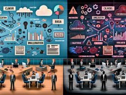 Geteiltes Bild: links ein lebendiges Büro mit diversen Profis, Daten-Dashboards und KI-Tools für Content, Keywords und Automatisierung; rechts ein dunkles Chaos mit Kabelsalat, Fehlermeldungen, „DSGVO“, „Bias“, „Compliance“, wirrem Chatbot und Warnsymbolen zu Halluzinationen, Security und Vendor-Lock-in; dazwischen eine dünne digitale Linie; Text: „Klar, kritisch, clever“.